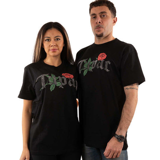 Tupac Unisex Embellished T-Shirt: Rose Logo