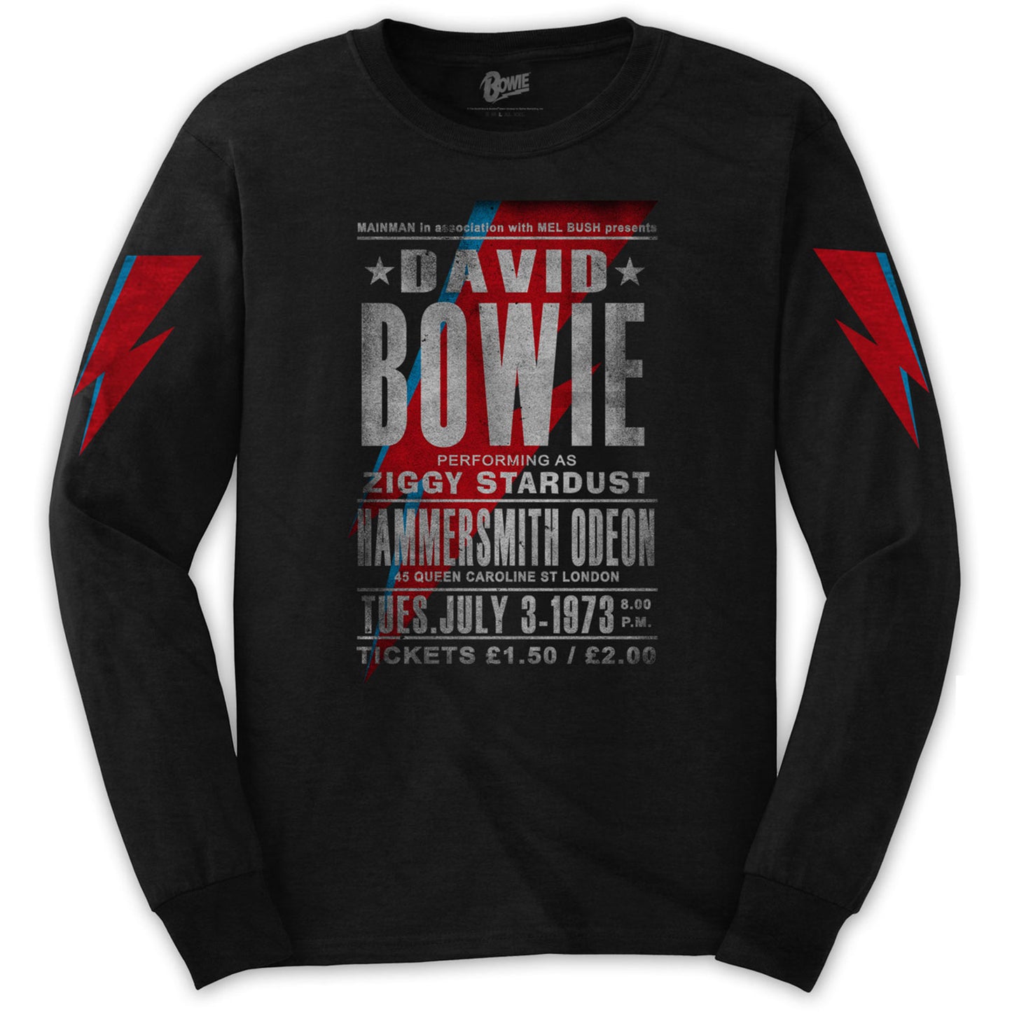 David Bowie Unisex Long Sleeve T-Shirt: Hammersmith Odeon (Sleeve Print)