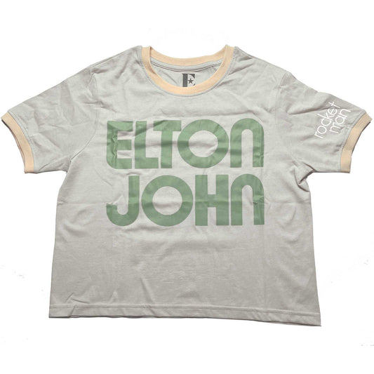 Elton John Ladies Crop Top: Retro Text Ringer (Sleeve Print)