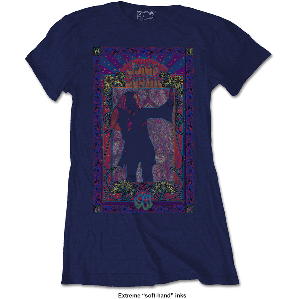Janis Joplin Ladies T-Shirt: Paisley & Flowers Frame (Soft Hand Inks)