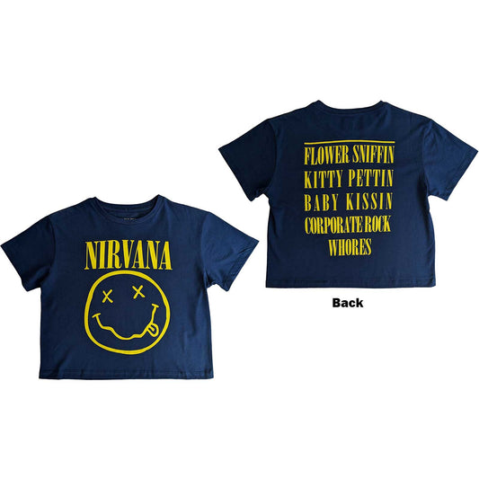 Nirvana Ladies Crop Top: Yellow Smiley Flower Sniffin (Back Print)