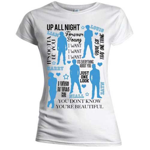 One Direction Ladies T-Shirt: Silhouette Lyrics Blue on White (Skinny Fit)