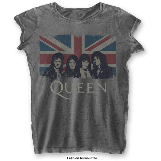 Queen Ladies T-Shirt: Vintage Union Jack (Burnout)