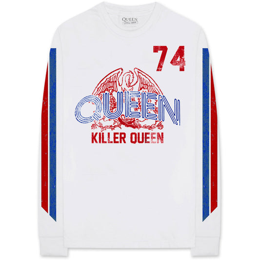 Queen Unisex Long Sleeve T-Shirt: Killer Queen '74 Stripes (Sleeve Print)